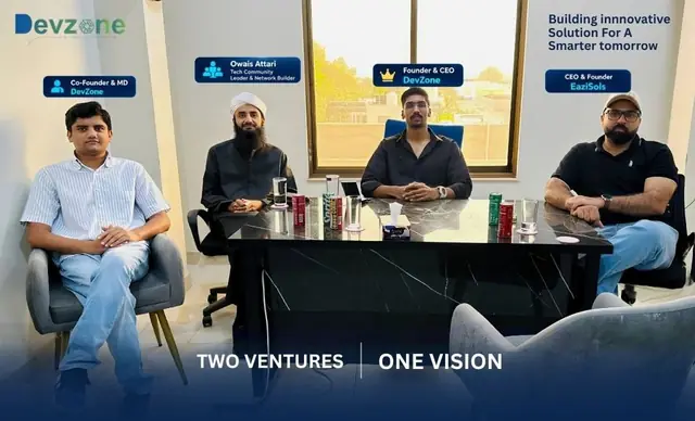 Owais Attari seated with the DevZone founders in their office